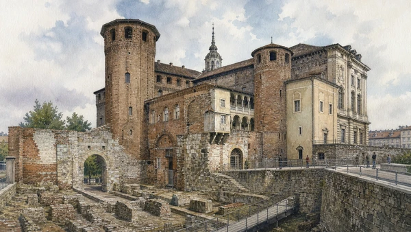 Original documentary watercolour of Palazzo Madama: Roman gate and medieval castle in Turin · Piedmont, showing accurate architecture, landscape, people and present-day use