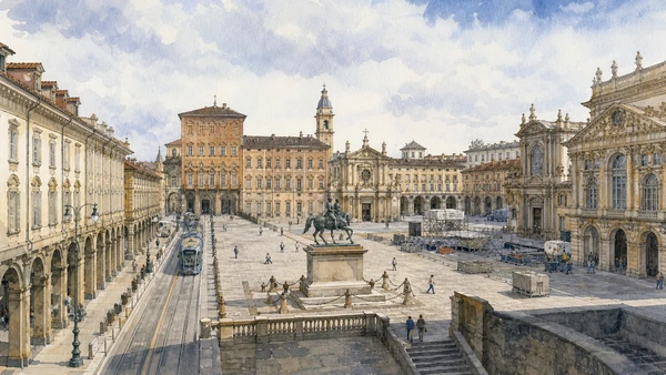 Original documentary watercolour of Piazza Castello: a designed field of power and movement in Turin · Piedmont, showing accurate architecture, landscape, people and present-day use