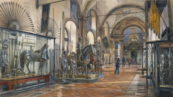 Original documentary watercolour of Royal Armoury: weapons as collection and representation in Turin · Piedmont, showing accurate architecture, landscape, people and present-day use