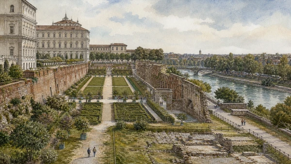 Original documentary watercolour of Royal Gardens: controlled nature behind the palace in Turin · Piedmont, showing accurate architecture, landscape, people and present-day use