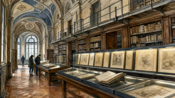 Original documentary watercolour of Royal Library: drawings, books and controlled access in Turin · Piedmont, showing accurate architecture, landscape, people and present-day use