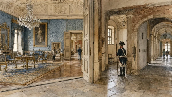 Original documentary watercolour of Royal Palace: residence and command centre in Turin · Piedmont, showing accurate architecture, landscape, people and present-day use
