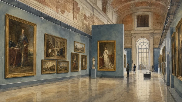 Original documentary watercolour of Galleria Sabauda: a dynasty's collection in a modern museum in Turin · Piedmont, showing accurate architecture, landscape, people and present-day use