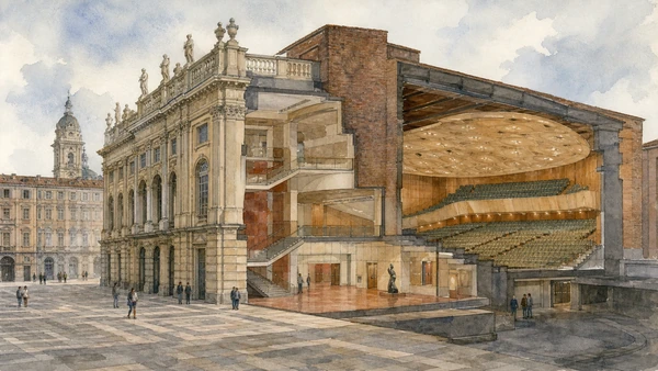 Original documentary watercolour of Teatro Regio: court theatre, fire and modern reconstruction in Turin · Piedmont, showing accurate architecture, landscape, people and present-day use