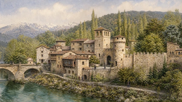 Original documentary watercolour of Borgo Medievale: an 1884 reconstruction, not a surviving village in Turin · Piedmont, showing accurate architecture, landscape, people and present-day use