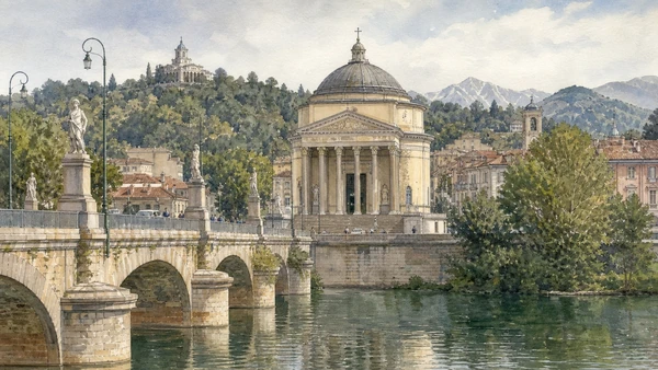 Original documentary watercolour of Gran Madre di Dio: Restoration monument and parish church in Turin · Piedmont, showing accurate architecture, landscape, people and present-day use