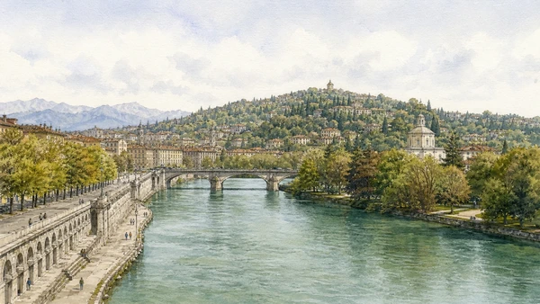 Documentary watercolour for The Po, Valentino and the Turin Hills