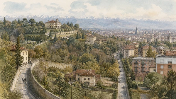 Original documentary watercolour of The Turin hills: residences, woods and unequal access in Turin · Piedmont, showing accurate architecture, landscape, people and present-day use