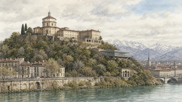 Original documentary watercolour of Monte dei Cappuccini: convent, viewpoint and Alpine interpretation in Turin · Piedmont, showing accurate architecture, landscape, people and present-day use
