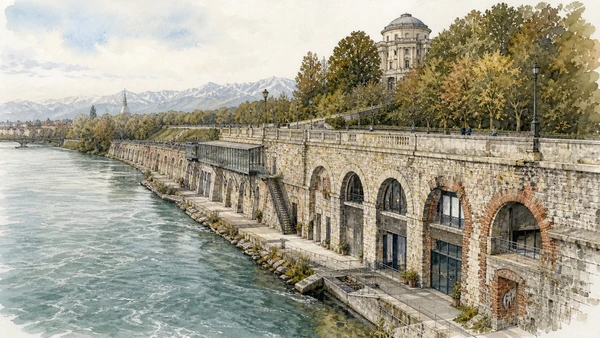Original documentary watercolour of Murazzi del Po: engineered river edge and changing public use in Turin · Piedmont, showing accurate architecture, landscape, people and present-day use