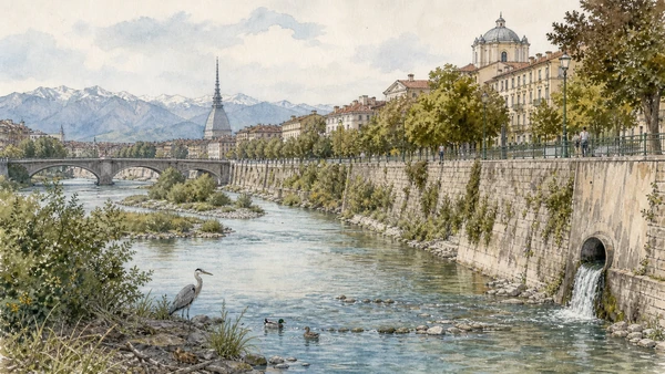Original documentary watercolour of Po river ecology: habitat inside the metropolis in Turin · Piedmont, showing accurate architecture, landscape, people and present-day use