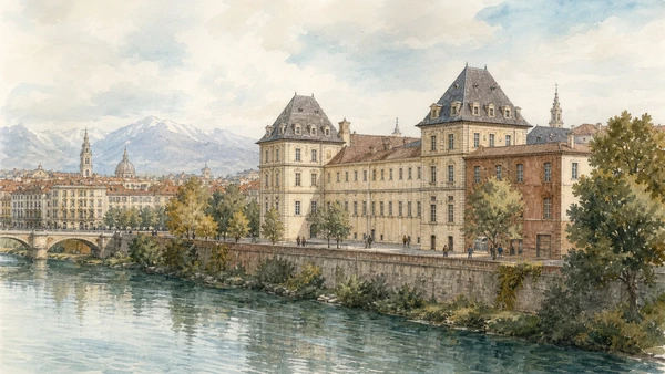 Original documentary watercolour of Valentino Castle: Savoy residence and university in Turin · Piedmont, showing accurate architecture, landscape, people and present-day use