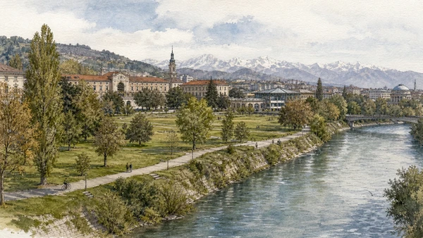 Original documentary watercolour of Valentino Park: public landscape on a working floodplain in Turin · Piedmont, showing accurate architecture, landscape, people and present-day use