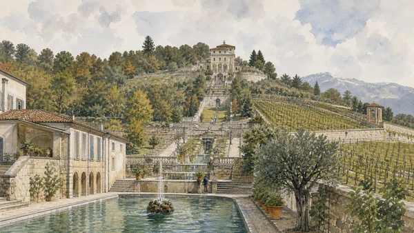 Original documentary watercolour of Villa della Regina: vineyard, gardens and court retreat in Turin · Piedmont, showing accurate architecture, landscape, people and present-day use