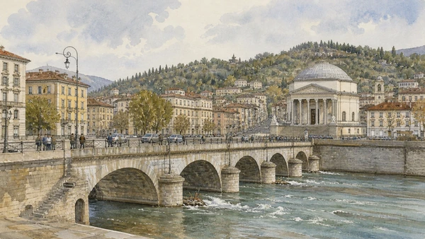 Original documentary watercolour of Ponte Vittorio Emanuele I: an urban axis across water in Turin · Piedmont, showing accurate architecture, landscape, people and present-day use