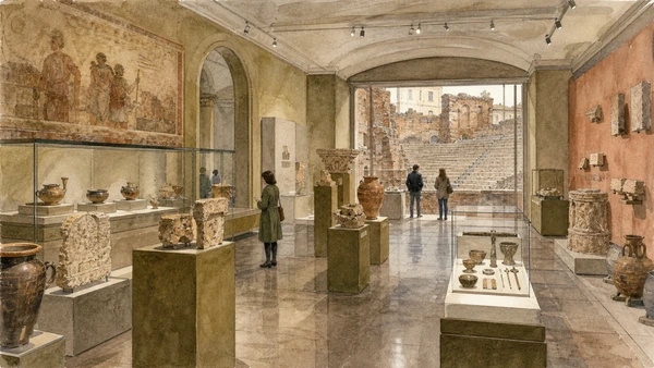 Original documentary watercolour of Archaeological Museum: objects returned to context in Turin · Piedmont, showing accurate architecture, landscape, people and present-day use