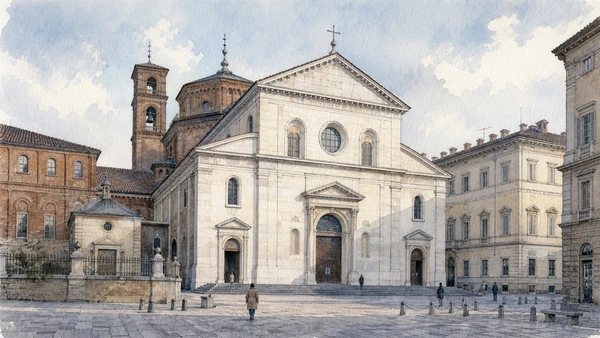 Original documentary watercolour of Cathedral of Saint John the Baptist: Renaissance church and active worship in Turin · Piedmont, showing accurate architecture, landscape, people and present-day use