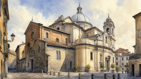 Original documentary watercolour of Consolata: sanctuary, city devotion and architectural layering in Turin · Piedmont, showing accurate architecture, landscape, people and present-day use