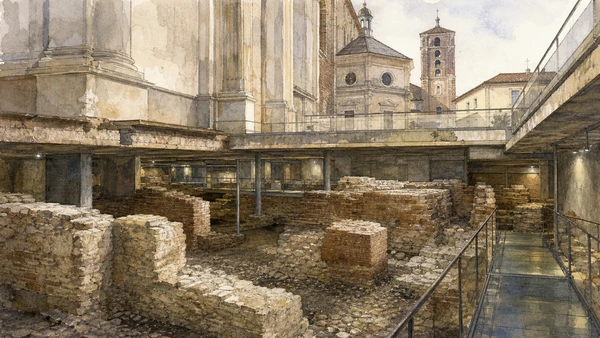Original documentary watercolour of The episcopal area: several churches beneath one centre in Turin · Piedmont, showing accurate architecture, landscape, people and present-day use