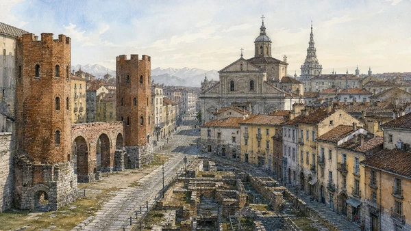 Documentary watercolour for Roman Turin, the Cathedral and the Quadrilatero