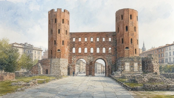 Original documentary watercolour of Porta Palatina: the Roman city gate in Turin · Piedmont, showing accurate architecture, landscape, people and present-day use