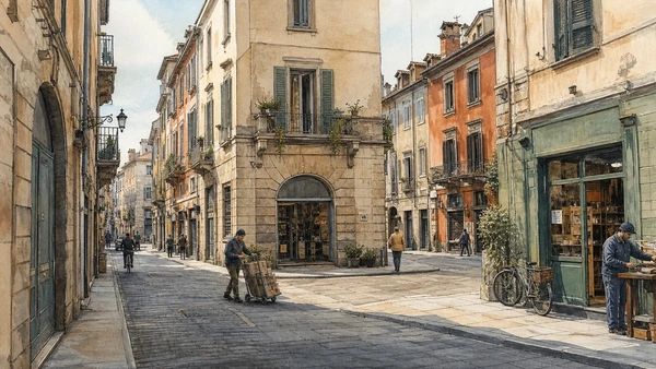 Original documentary watercolour of Quadrilatero Romano: an inhabited historic grid in Turin · Piedmont, showing accurate architecture, landscape, people and present-day use