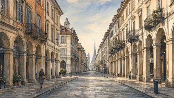 Original documentary watercolour of The Roman grid: streets as the largest surviving artefact in Turin · Piedmont, showing accurate architecture, landscape, people and present-day use