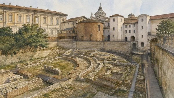 Original documentary watercolour of Roman theatre: performance behind the royal quarter in Turin · Piedmont, showing accurate architecture, landscape, people and present-day use