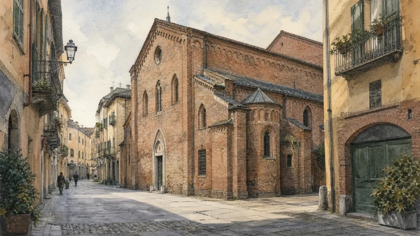 Original documentary watercolour of San Domenico: medieval fabric inside the planned capital in Turin · Piedmont, showing accurate architecture, landscape, people and present-day use