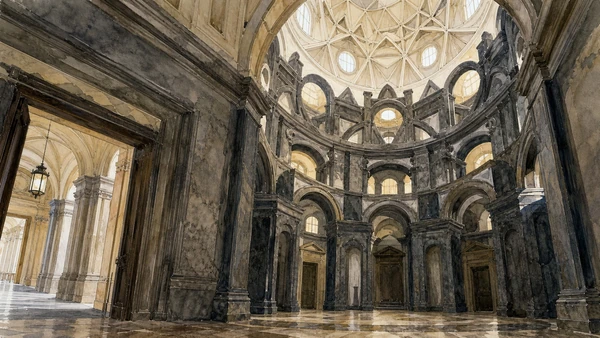 Original documentary watercolour of Chapel of the Holy Shroud: Guarini, fire and restoration in Turin · Piedmont, showing accurate architecture, landscape, people and present-day use