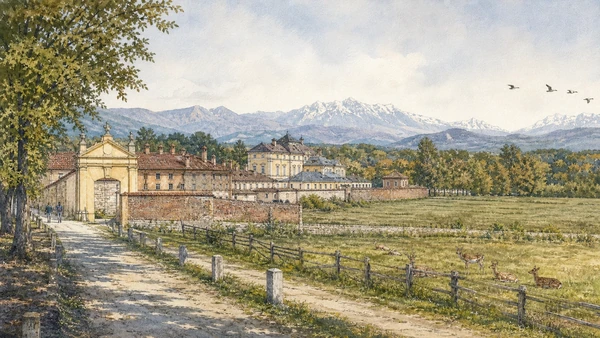 Original documentary watercolour of La Mandria: hunting estate, farms and protected landscape in Turin · Piedmont, showing accurate architecture, landscape, people and present-day use