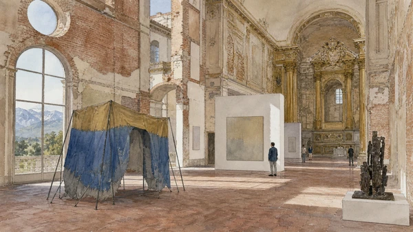 Original documentary watercolour of Castello di Rivoli: contemporary art inside dynastic fabric in Turin · Piedmont, showing accurate architecture, landscape, people and present-day use