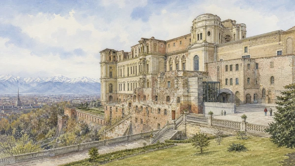 Original documentary watercolour of Rivoli Castle: an unfinished residence above the westward route in Turin · Piedmont, showing accurate architecture, landscape, people and present-day use