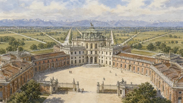 Original documentary watercolour of Stupinigi: hunting lodge at the centre of radial avenues in Turin · Piedmont, showing accurate architecture, landscape, people and present-day use