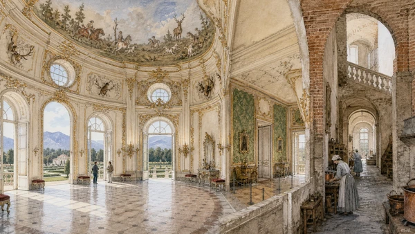 Original documentary watercolour of Stupinigi interiors: hunting imagery, ceremony and service in Turin · Piedmont, showing accurate architecture, landscape, people and present-day use