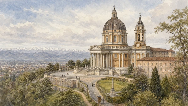 Original documentary watercolour of Superga Basilica: votive monument on a strategic hill in Turin · Piedmont, showing accurate architecture, landscape, people and present-day use