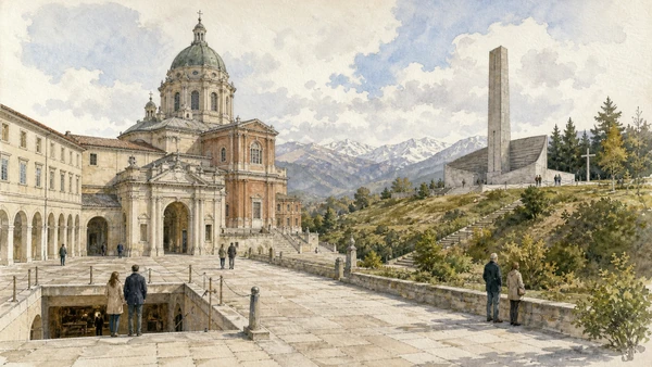Original documentary watercolour of Royal tombs and the 1949 air-disaster memorial in Turin · Piedmont, showing accurate architecture, landscape, people and present-day use