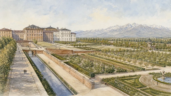 Original documentary watercolour of Venaria gardens: a reconstructed cultural landscape in Turin · Piedmont, showing accurate architecture, landscape, people and present-day use