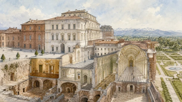 Original documentary watercolour of Reggia di Venaria: architecture of court movement in Turin · Piedmont, showing accurate architecture, landscape, people and present-day use