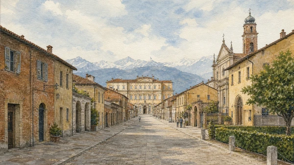 Original documentary watercolour of Venaria town: service settlement before palace threshold in Turin · Piedmont, showing accurate architecture, landscape, people and present-day use
