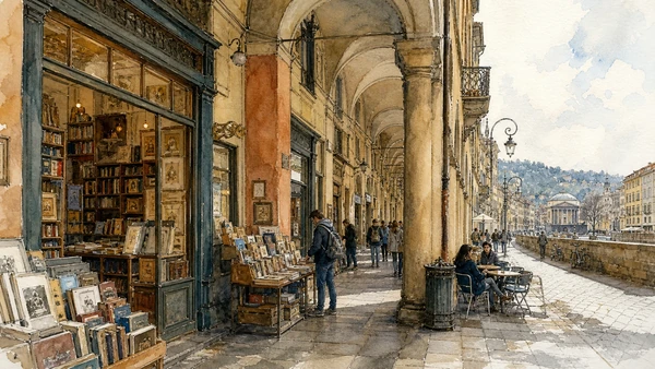Original documentary watercolour of Books, cafés and porticoes: a working intellectual street in Turin · Piedmont, showing accurate architecture, landscape, people and present-day use