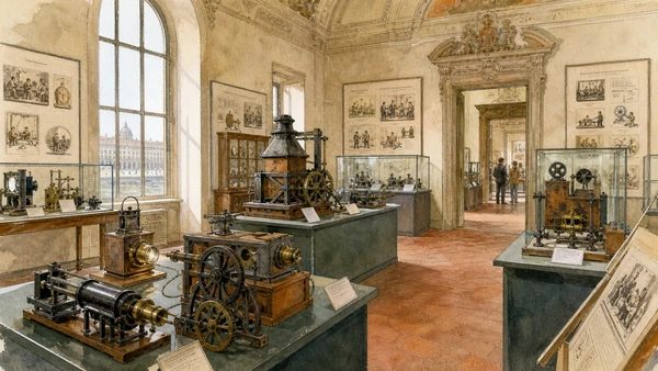 Original documentary watercolour of Archaeology of cinema: devices before film projection in Turin · Piedmont, showing accurate architecture, landscape, people and present-day use