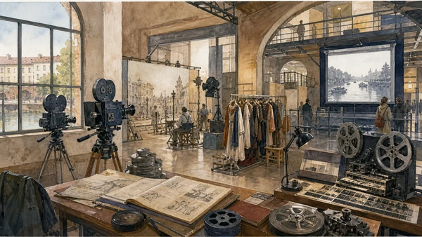 Original documentary watercolour of The cinema machine: production behind the finished film in Turin · Piedmont, showing accurate architecture, landscape, people and present-day use