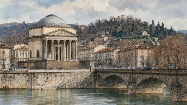 Original documentary watercolour of Gran Madre and the Po threshold: city, hill and water in Turin · Piedmont, showing accurate architecture, landscape, people and present-day use
