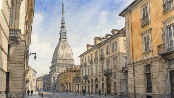 Original documentary watercolour of Mole Antonelliana: structure, ambition and changing ownership in Turin · Piedmont, showing accurate architecture, landscape, people and present-day use