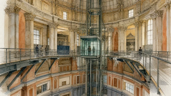 Original documentary watercolour of Panoramic lift: modern access inside a historic volume in Turin · Piedmont, showing accurate architecture, landscape, people and present-day use