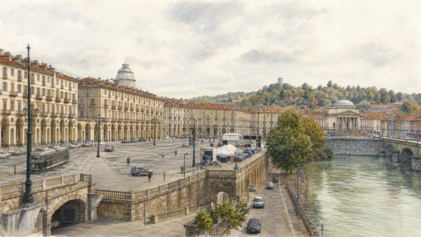 Original documentary watercolour of Piazza Vittorio Veneto: monumental space on a slope in Turin · Piedmont, showing accurate architecture, landscape, people and present-day use