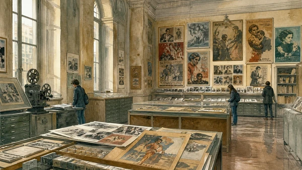 Original documentary watercolour of Posters, photography and archives: images that circulated cinema in Turin · Piedmont, showing accurate architecture, landscape, people and present-day use