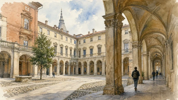 Original documentary watercolour of University of Turin: study inside the court-city fabric in Turin · Piedmont, showing accurate architecture, landscape, people and present-day use