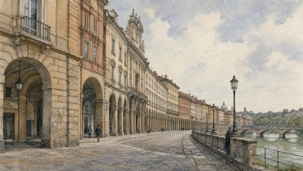 Original documentary watercolour of Via Po: an angled Baroque axis in Turin · Piedmont, showing accurate architecture, landscape, people and present-day use